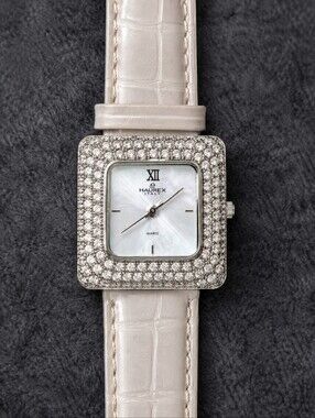 Haurex Italy Crystal Pavé Mother of Pearl Square Watch White Leather Y2K Glam CC